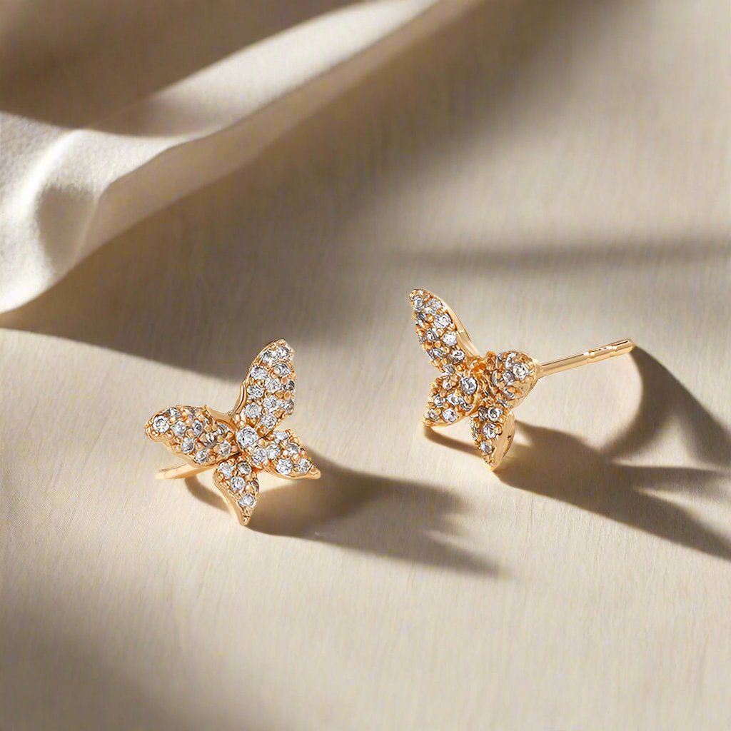 Golden Butterfly Earrings with Slightly Inlaid Zirconium