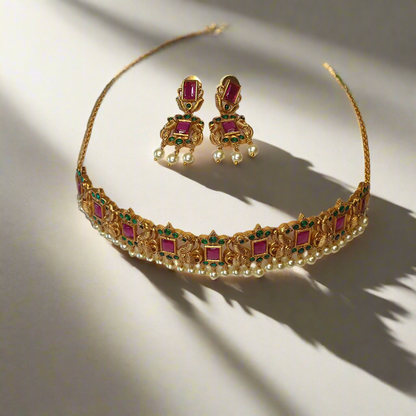 Golden Peacock Ruby Green Choker with Earrings