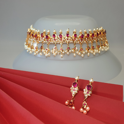 Ruby Pearls Choker with Earrings