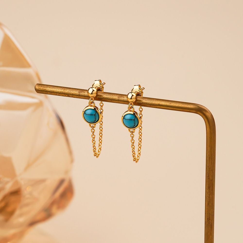 Turquoise Oval Stone store Gold Plated Sterling Silver Tassel Earring