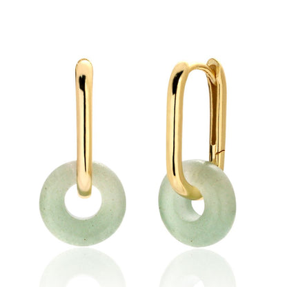 Elegant Natural Green Aventurine Ping Buckle 925 Sterling Silver Hoop Earrings