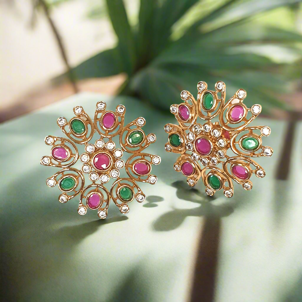 Matte Golden Ruby Green Cubic Zirconia Stud Earrings