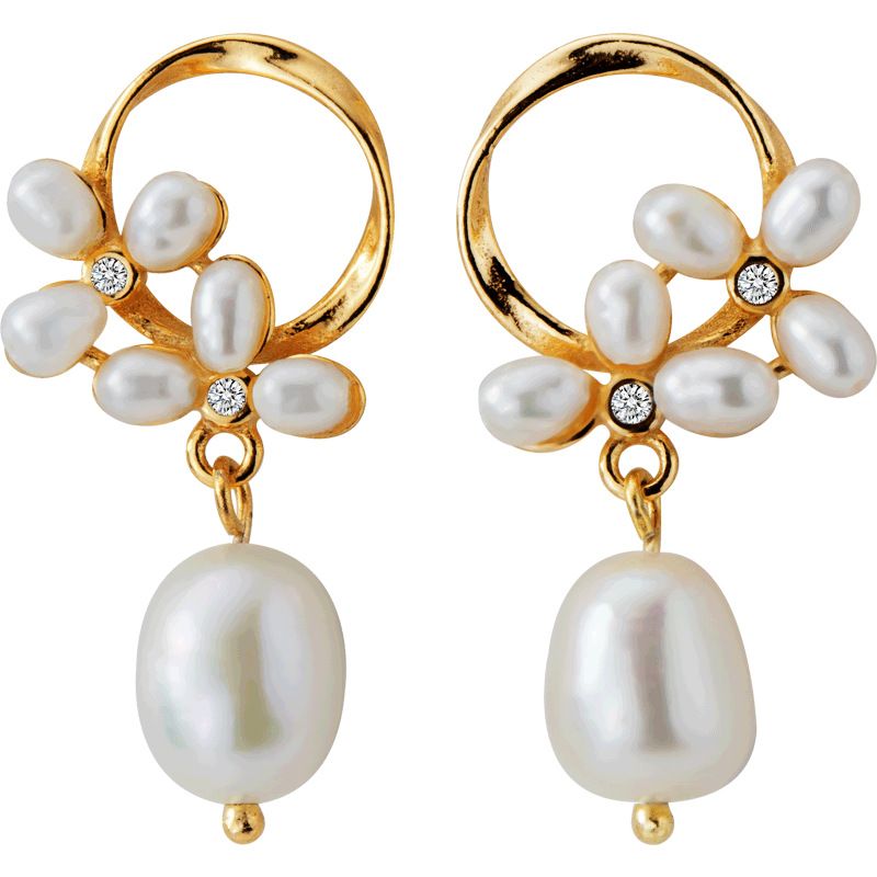 Golden Flower Created Pearl Dangling Earrings - Sterling Silver