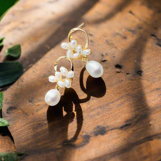 Golden Flower Created Pearl Dangling Earrings - Sterling Silver