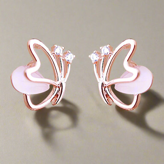 Rose Gold Cubic Zirconia Flying Butterfly Stud Earrings - Sterling Silver