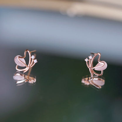 Rose Gold Cubic Zirconia Flying Butterfly Stud Earrings - Sterling Silver