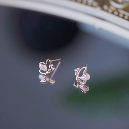 Rose Gold Cubic Zirconia Flying Butterfly Stud Earrings - Sterling Silver