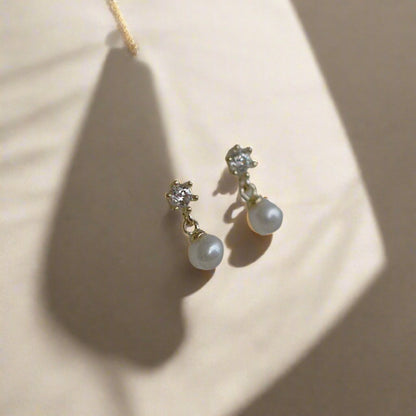 Golden Mini Shell Pearl & Cubic Zirconia Dangling Earrings - Sterling Silver