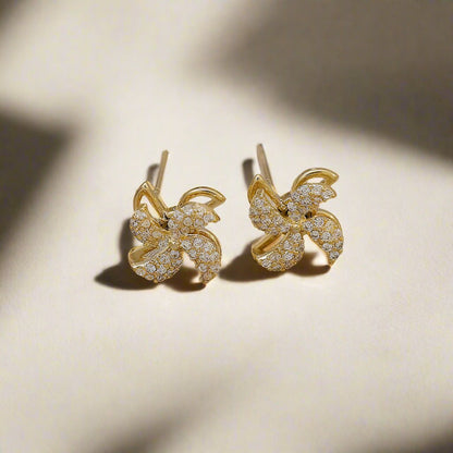 Golden Cubic Zirconia Windmill Stud Earrings - Sterling Silver