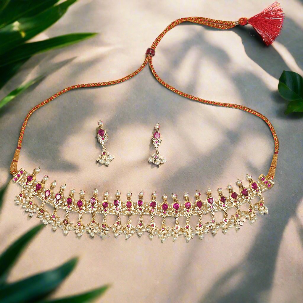 Ruby Pearls Choker with Earrings